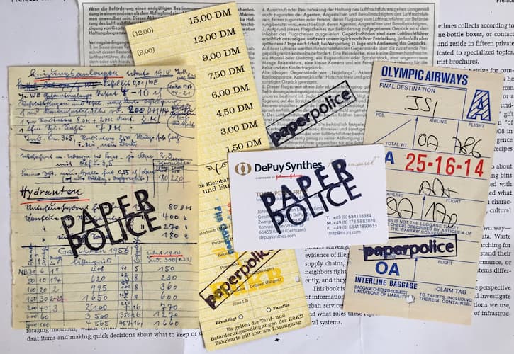 Forms and legal-looking documents stamped with 'Paper Police'